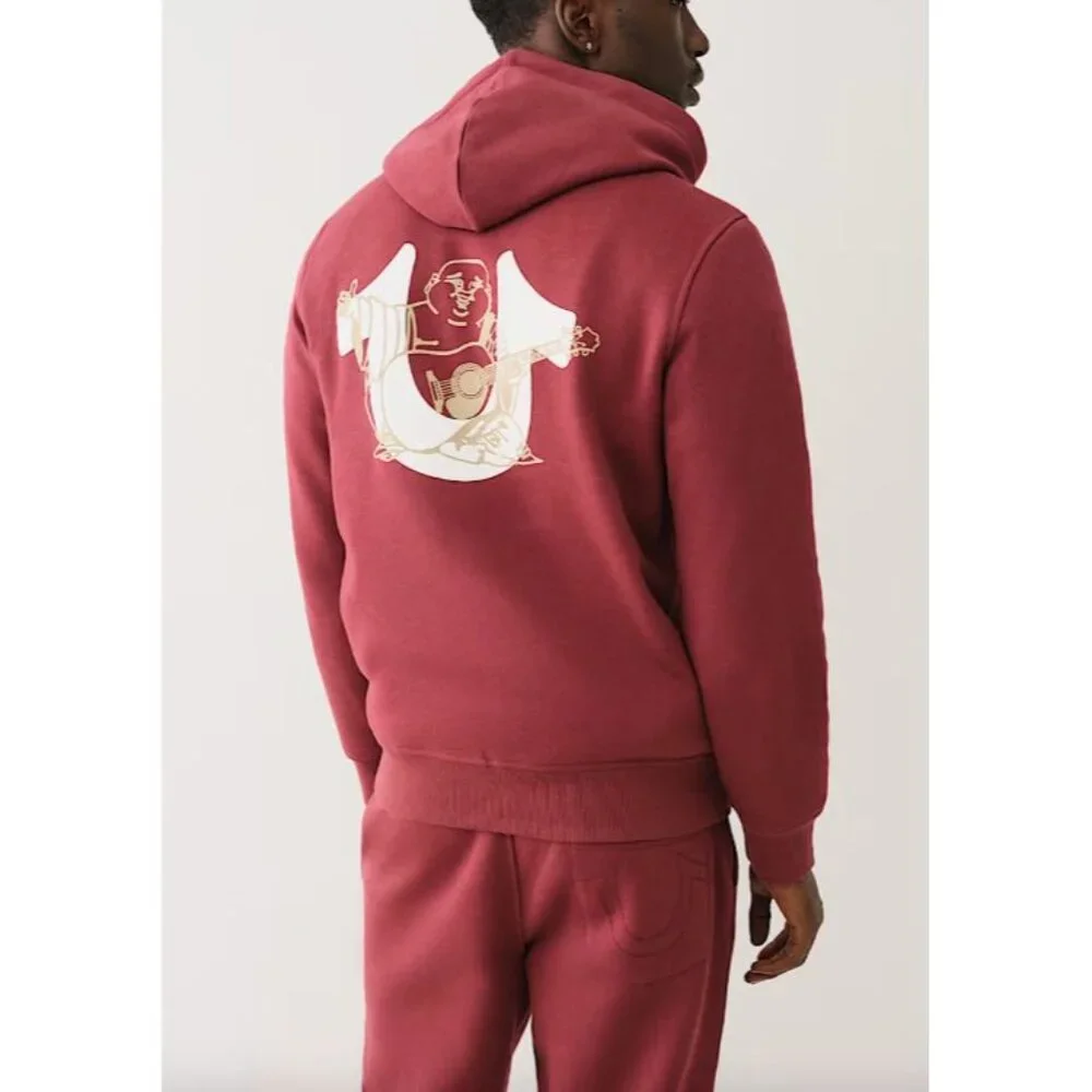 True Religion Overlap Buddha Full Zip Up Hoodie Mens XL Chocolate Truffle NWT